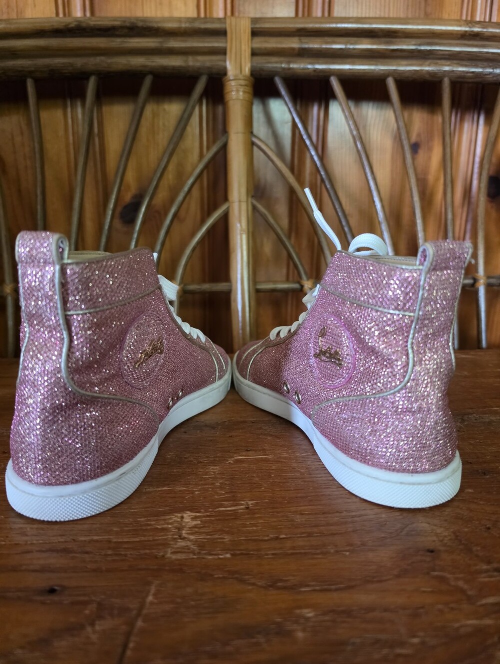 Christian Louboutin Sparkly Pink High Top Sneakers with Hot Pink Laces - Picture 12 of 16